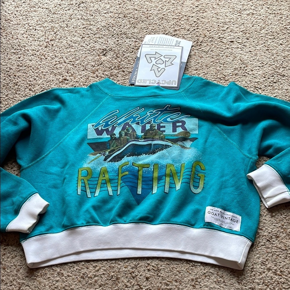 NWT GOAT Vintage upcycled Teal White Water Rafting Sweatshirt fits size M